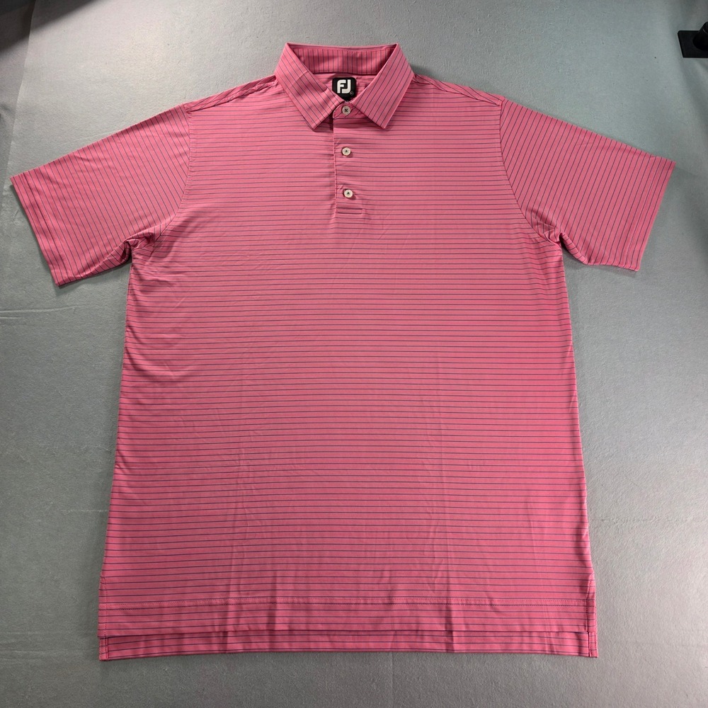 FootJoy Mens XL Pink Blue Striped Short Sleeve Golf Polo Shirt Stretch FJ Logo